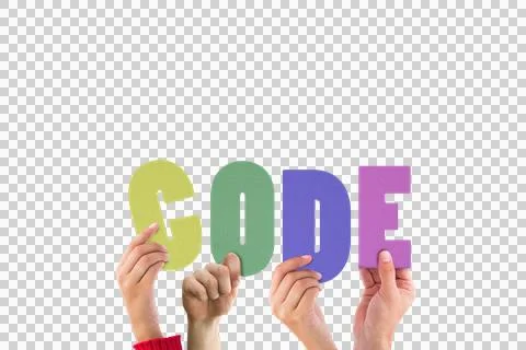 Colorful alphabet spelling code held up by people Stock Photos