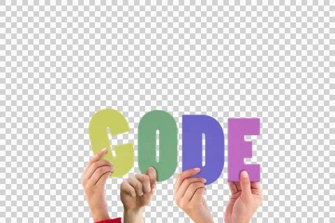 Colorful alphabet spelling code held up by people Stock Photos