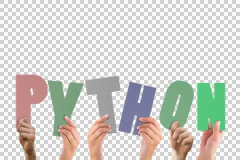 Colorful alphabet spelling Python held up by people 写真素材