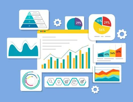 Colorful analytics dashboard illustration with pie charts, bar graphs, and .. イラスト素材