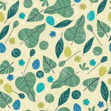 Colorful and bright easter elements seamless pattern. Leaves and flowers on Illustrazione stock