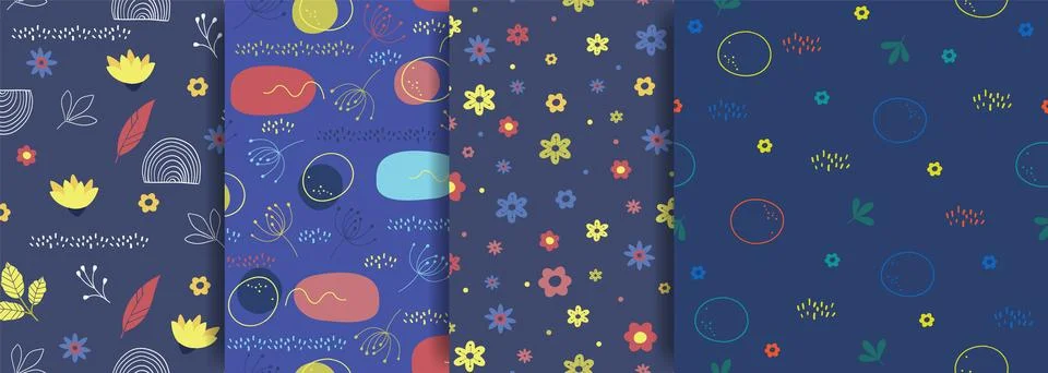 Colorful and bright springtime elements seamless pattern set. Leaves and flow Stockillustratie