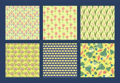 Colorful and bright springtime elements seamless pattern set. Leaves and flowers Illustrazione stock