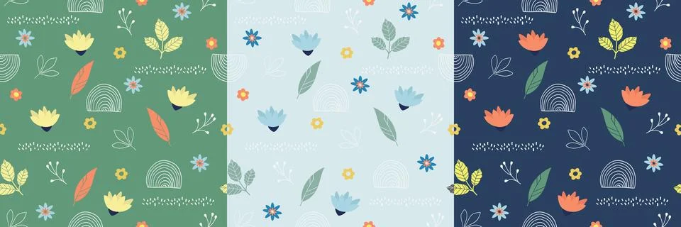 Colorful and bright springtime elements seamless pattern set. Leaves and flow 스톡 일러스트