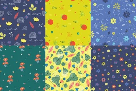 Colorful and bright springtime elements seamless pattern set. Leaves and fl.. Stock Illustration