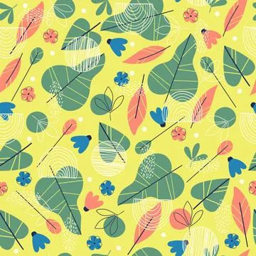 Colorful and bright summer elements seamless pattern. Leaves and flowers on イラスト素材