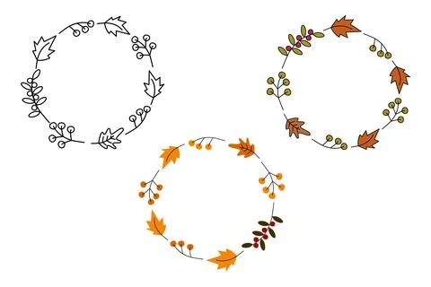 Colorful and outline Circular Frames of Autumn Leaves and twigs berry Set of 3 Illustrazione stock