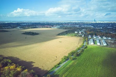 Colorful and rectangular fields with corn and wheat from a bird's eye view 스톡 사진