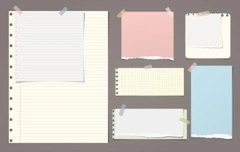 Colorful and white lined torn note, notebook paper pieces for text stuck with Stock Illustration