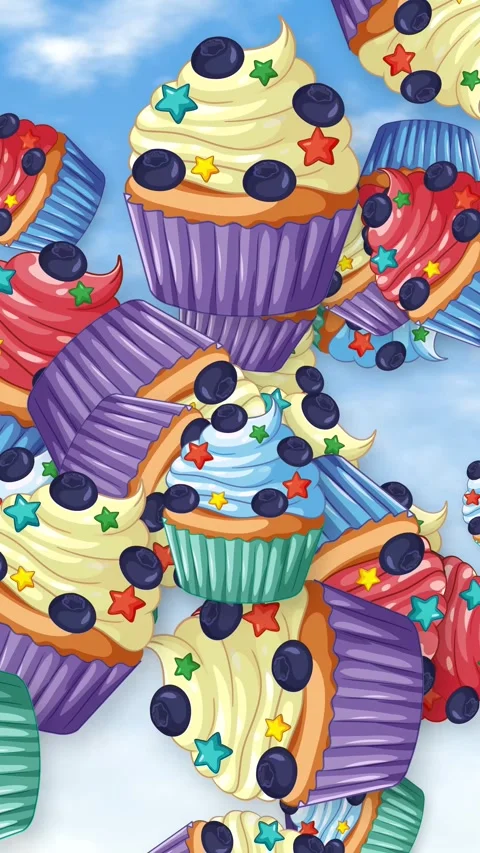 Colorful Animated Cupcakes Falling Through a Bright Blue Sky Stock Footage 344936244