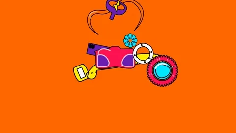 Colorful Animated Exploding Camera Reassembling Over Orange Background Stock Footage 341409933