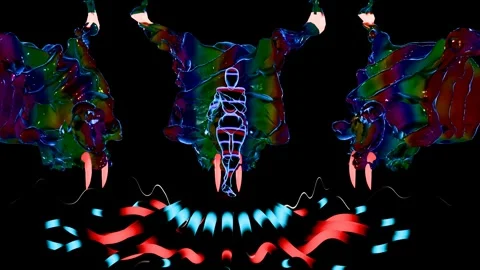 Colorful animated VJ loop featuring vibrant figures and bull designs at night Stock Footage 292094737