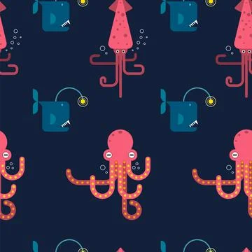 Colorful aquatic pattern featuring octopuses, squids, and anglerfish on a d.. Illustrazione stock
