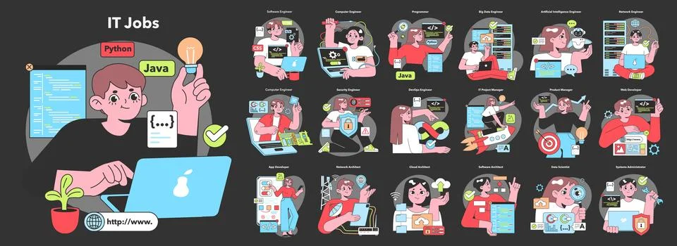 A colorful array of diverse characters represent various IT professions. dark Stock Illustration