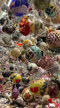 Colorful Array of Festive Christmas Tree Ornaments at Vienna Market Stock Photos