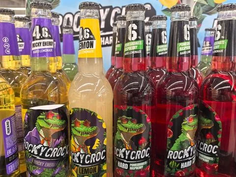 Colorful array of hard lemonade beverages arranged on display Stock Photos