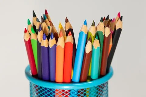 Colorful Array of Pencils in a Classroom Container Ready for Back to School Foto stock