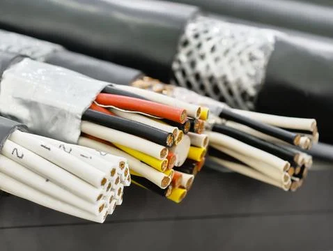 Colorful array of power cables and electrical wires showcasing industrial Stock Photos