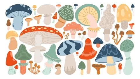Colorful array of whimsical mushrooms in various shapes and sizes. Perfect for Stock Illustration