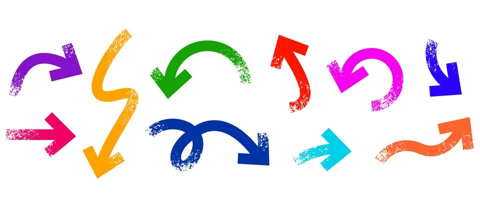 Colorful arrow vector set with textured hand-drawn doodle pointers, curves イラスト素材