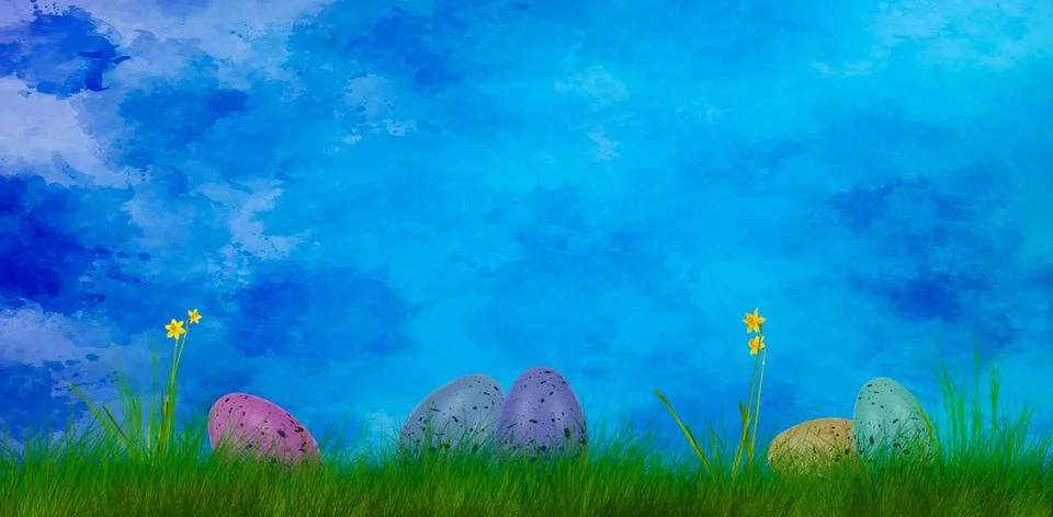 Colorful art easter background with easter eggs on grass Stock Photos