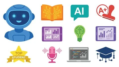 Colorful artificial intelligence and education icons for digital learning a.. Illustrazione stock
