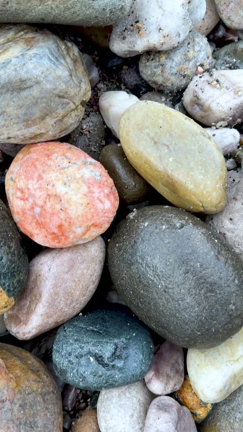 Colorful assortment of smooth pebbles and stones in various shapes and size.. Stock Footage 338414381