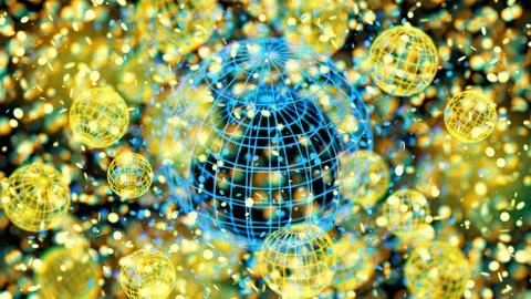 Colorful atom grid cubes, blur bokeh defocused on black background, 3D Rendering Stock Illustration