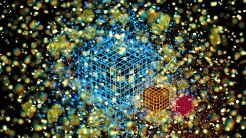Colorful atom grid cubes, blur bokeh defocused on black background, 3D Rendering Stock Illustration