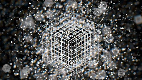 Colorful atom grid cubes, blur bokeh defocused on black background, 3D Rendering 스톡 일러스트