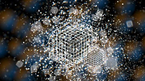 Colorful atom grid cubes, blur bokeh defocused on black background, 3D Rendering 스톡 일러스트