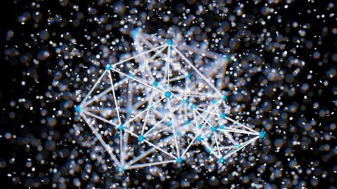 Colorful atom grid plexus shape, blur bokeh defocused on black background Stock-Illustration