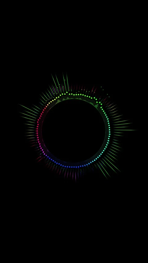 Colorful audio visualizer ring rainbow dots, radial sound bars, black empty cent Stock Footage 340569723