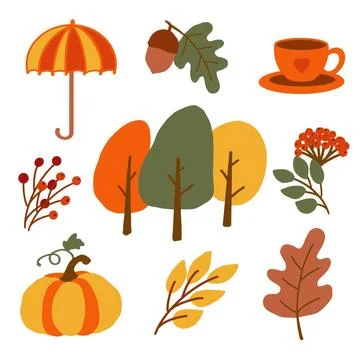 Colorful autumn elements featuring trees, leaves, a pumpkin, an umbrella, and a Stock Illustration