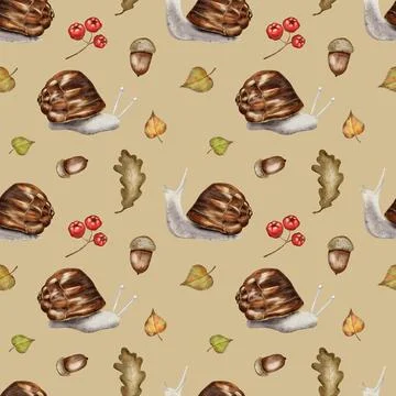 Colorful autumn pattern featuring snails, acorns, and leaves in a whimsical.. Stock Illustration