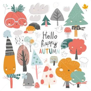 Colorful autumn trees. Cartoon yellow orange autumn tree on white background Stock Illustrationen