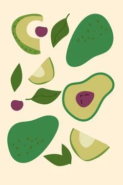 Colorful avocado and leaves pattern with red berries Stock Illustration