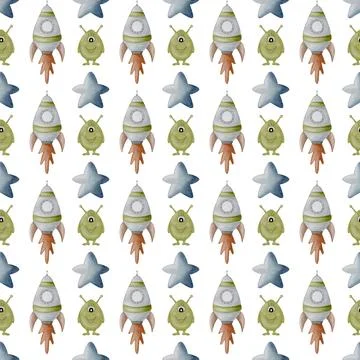 Colorful baby space pattern featuring rockets and stars in a seamless water.. Stock-Illustration