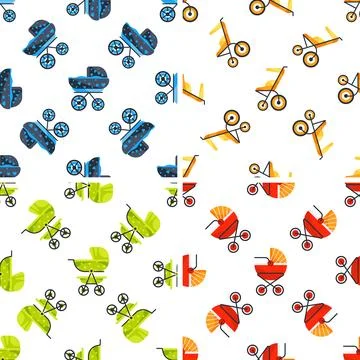 Colorful baby strollers seamless pattern representing newborn childcare and 스톡 일러스트