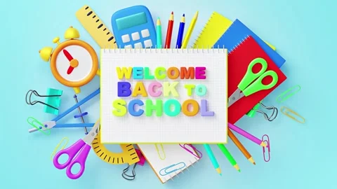 Colorful back to school 3D letters and stationery on blue banner Stock Footage 342571395
