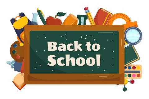 Colorful back to school background with classroom chalkboard and different 库存插图