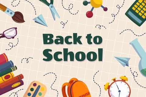 Colorful back to school background template with different studying supplies - Stock Illustration