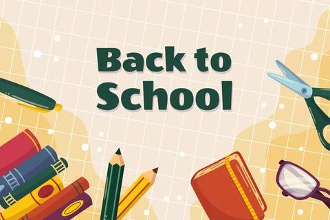 Colorful back to school background template with different studying supplies  Stock Illustration