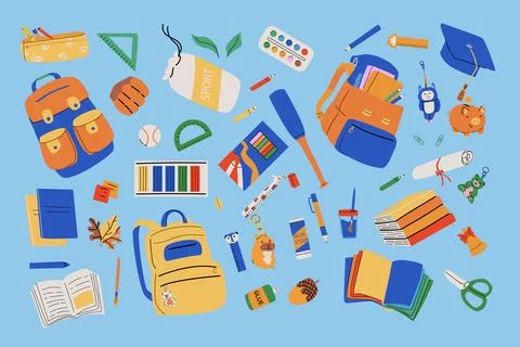 Colorful back-to-school elements vector set: stationery, art supplies Stock Illustration