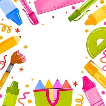 Colorful back to school frame border template with hand drawn stationery cr.. Stock Illustration