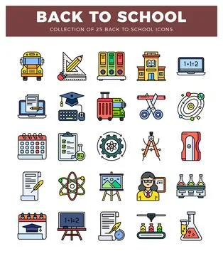 Colorful back to school icons featuring bus. pencil. books. laptop and chem.. イラスト素材