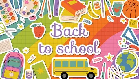 Colorful Back to School poster with rainbow gradient background and colorful  Stock Illustration