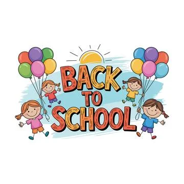 Colorful back to school text featuring happy cartoon children holding bunch.. Stock Illustration