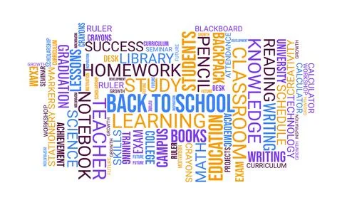 Colorful back to school word cloud typography design with education. Illustrazione stock