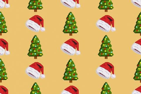 Colorful background of Christmas pattern made with Pixel Art. Stock Illustration